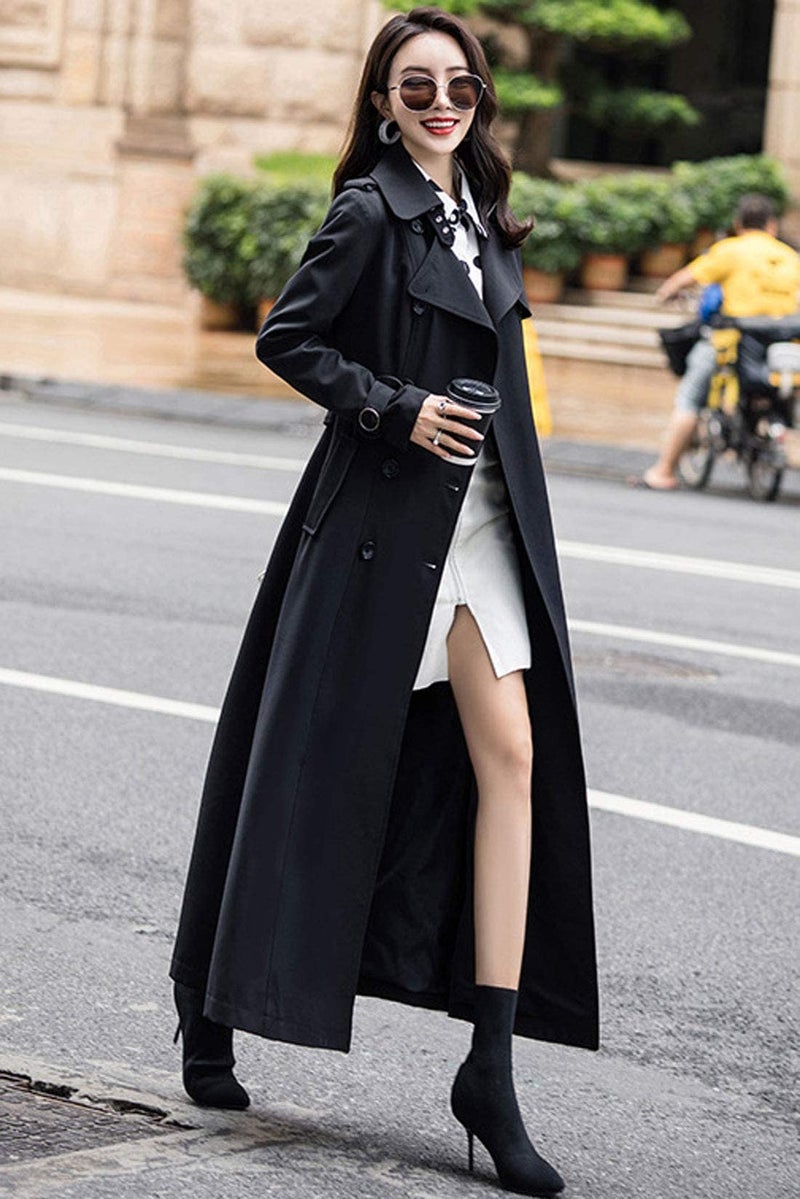 ebossy Women's Double Breasted Duster Trench Coat Slim Full Length Maxi Long Overcoat (X-Small, Black) - Image 2